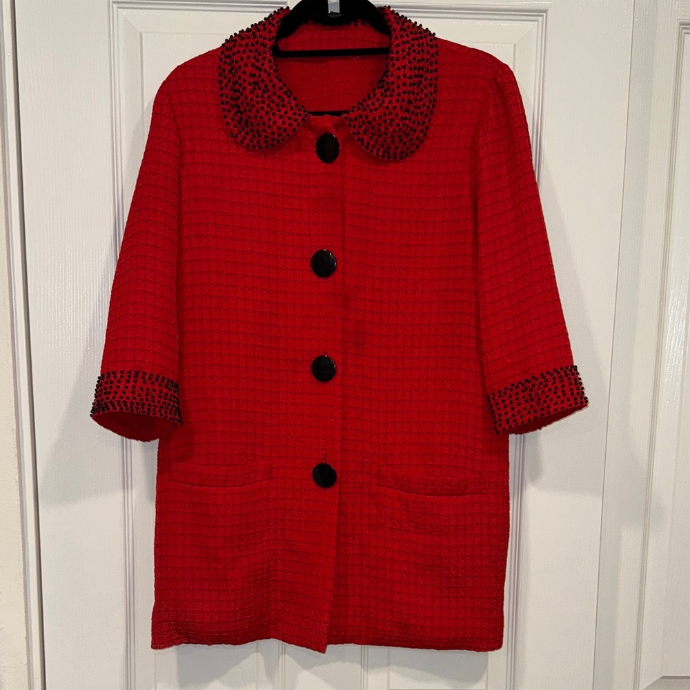 Vintage  Red Women's 3/4 coat with Black beading - L